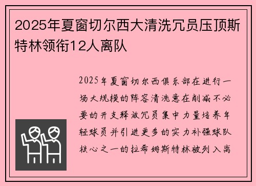 2025年夏窗切尔西大清洗冗员压顶斯特林领衔12人离队